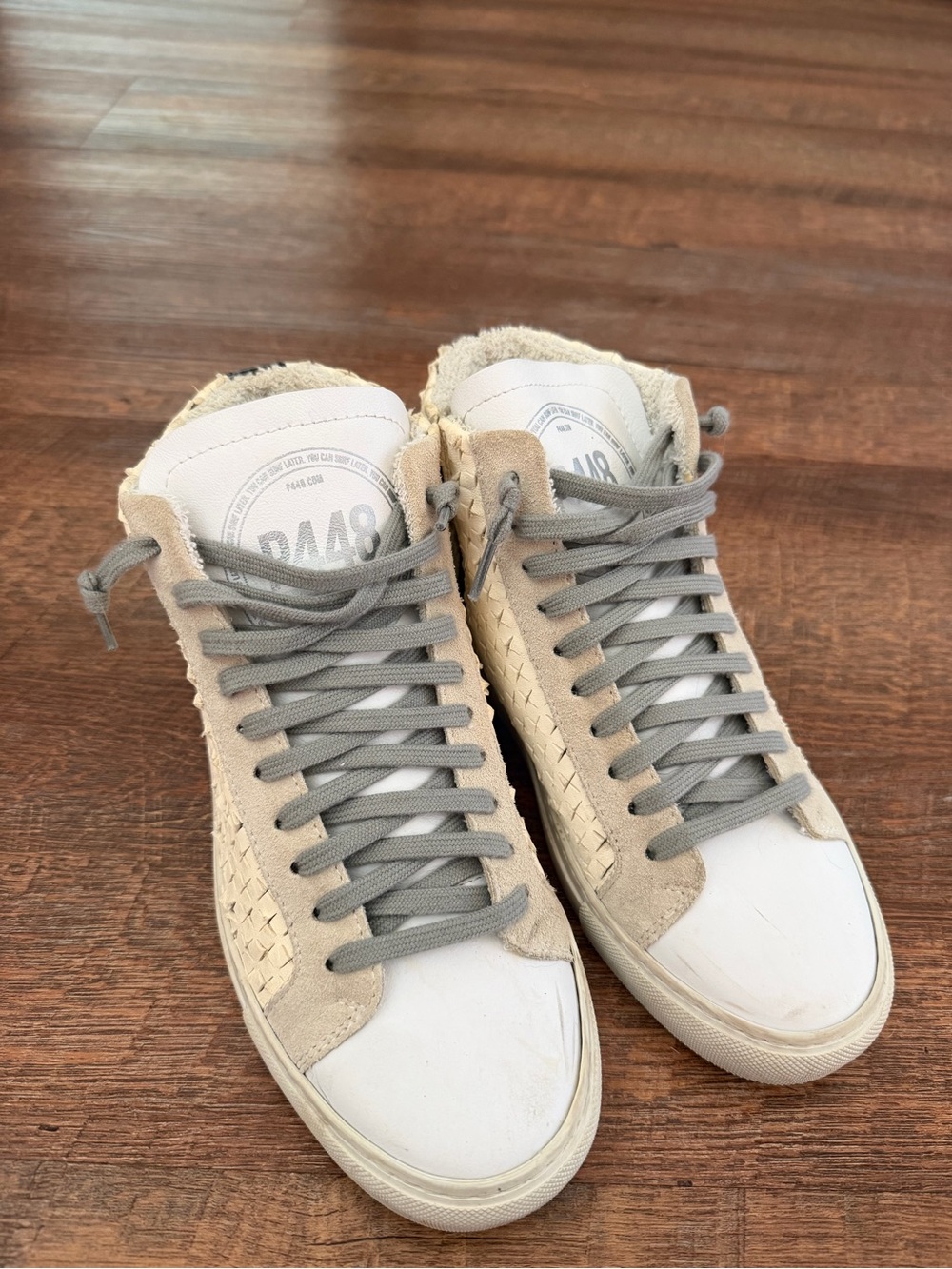 P448 Women's Cream & Gray High-Top Sneakers with Woven Side Detail
